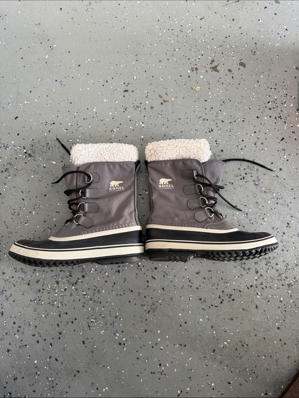 Sorel Gray and Black Winter Lace-Up Boots with Sherpa Cuff